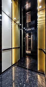 Skyrise Black & Cream Elegance cabin interior with gold lighting and marble floor